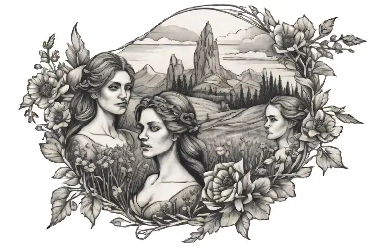 three sisters in a field of wildflowers tattoo design idea