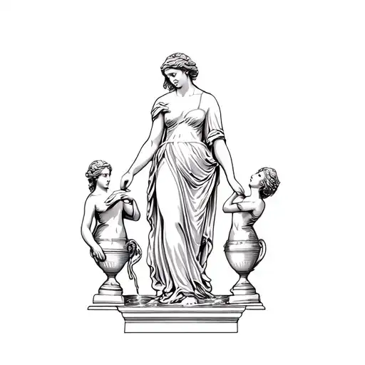 Greek statue of Aphrodite surrounded by women Greek statues pouring water on her using urns  tattoo design idea