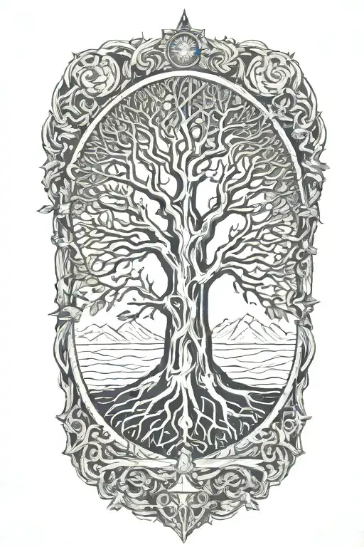 yggdrasil and tombstone and sword for magic tattoo design idea