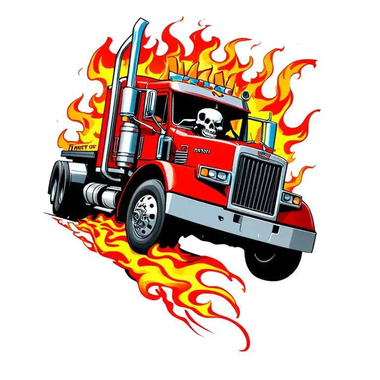 Rat Fink inspired skeleton driving on top of a red semi truck with flames and smoke going fast tattoo design idea