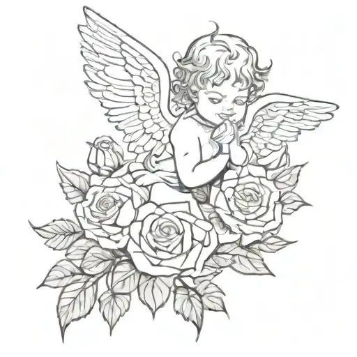 cherub angel in roses tattoo design idea