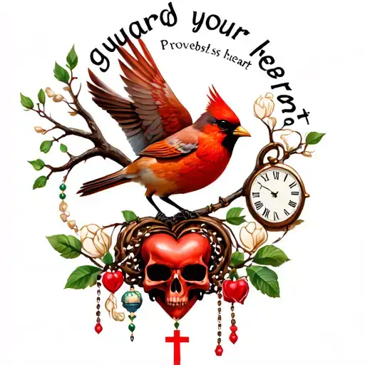 "Proverbs 4:23 guard your heart" cardinal, tree,skull,heart,rosary,clocks, claddagh, tattoo design idea