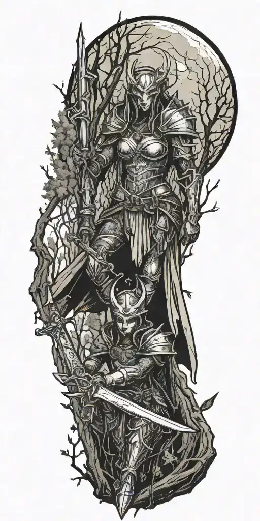 demon she knight with sword in the woods during a full moon  tattoo design idea
