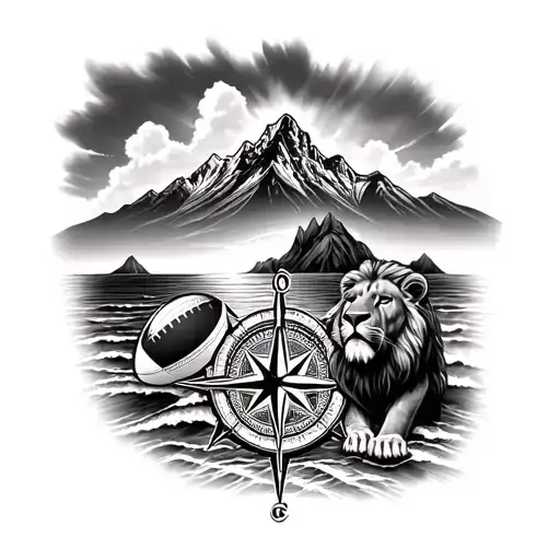 forearm tattoo with table mountain in the back with the ocean infront of that the compass and rugby polls and a lion  tattoo design idea