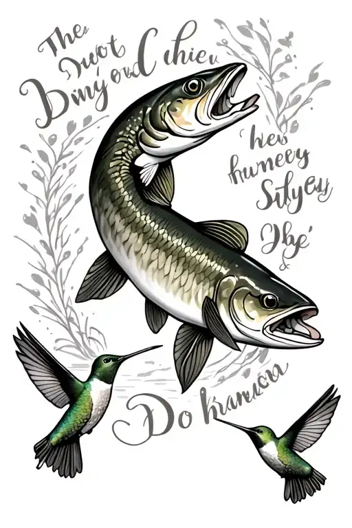 a quote with a northern pike and hummingbird around it  tattoo design idea