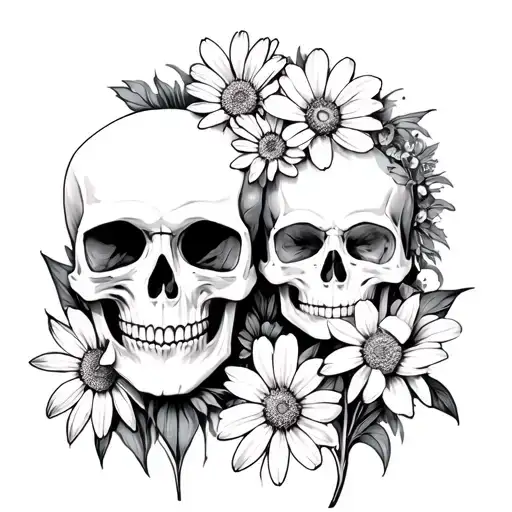 skull, daisys, aster, narcissus, couples tattoo for the arm tattoo design idea
