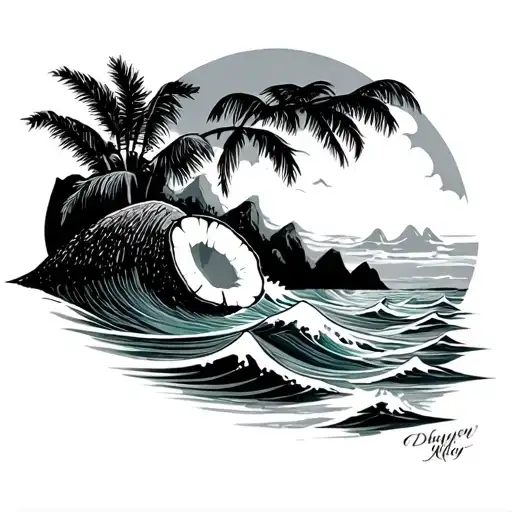 Mountain Sea Waves Coconut three quarters with tattoo design idea