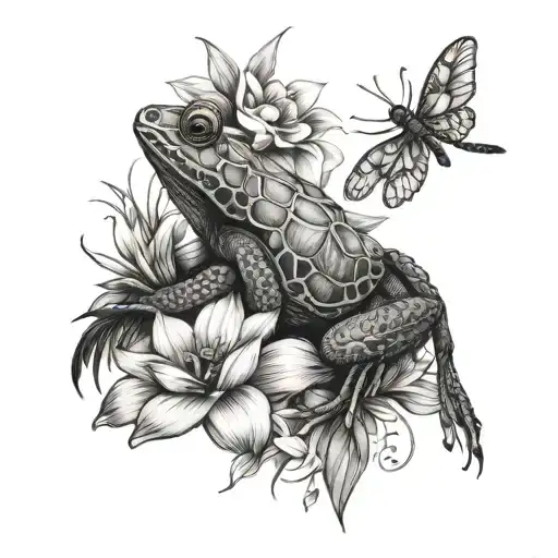 woman fine line frog dragonfly frog flower sea turtle water tattoo design idea