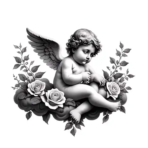 a cherub sitting on cloud with roses tattoo design idea