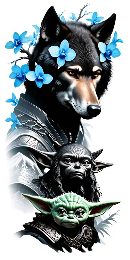 a samurai petting a wolf face with a tree of blue orchids behind the samurai and the face of baby yoda in the front tattoo design idea