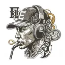 headset with silhouette of eminem face with a cap and the letter "E" reversed inside it tattoo design idea