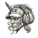 headset with silhouette of eminem face with a cap and the letter "E" reversed inside it tattoo design idea