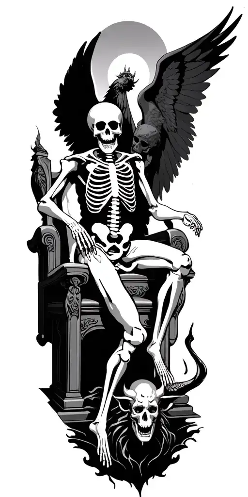 skeleton king sitting on a throne kicking a demon down into hell with an angel above and heavenly background tattoo design idea