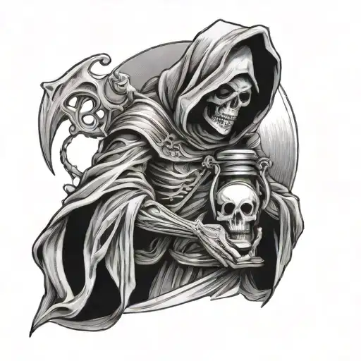 The grim reaper holding an hourglass as a beckoning reminder that death comes for us all tattoo design idea