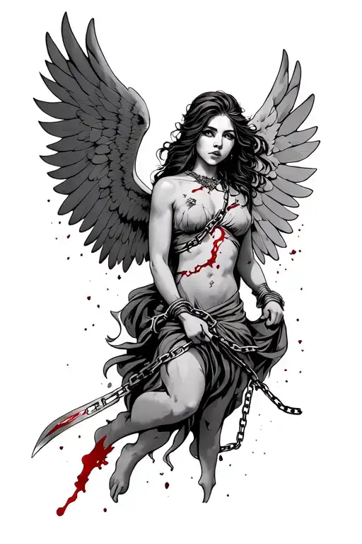 a tattoo of a flying fallen angel of a woman with a broken chain around her neck holding a bloody sword in her hands. tattoo design idea