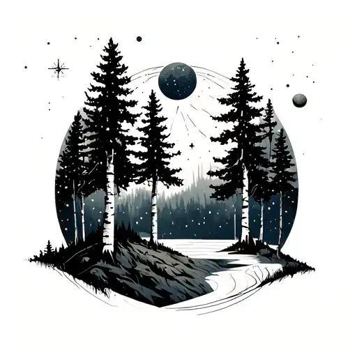 birch forest landscape in space with stars and planets tattoo design idea