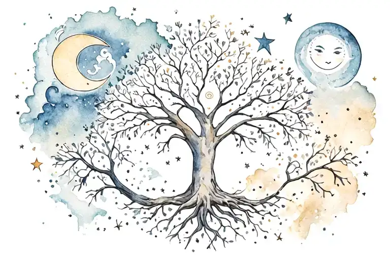 Family tree, sun, moon, stars, infinity tattoo design idea
