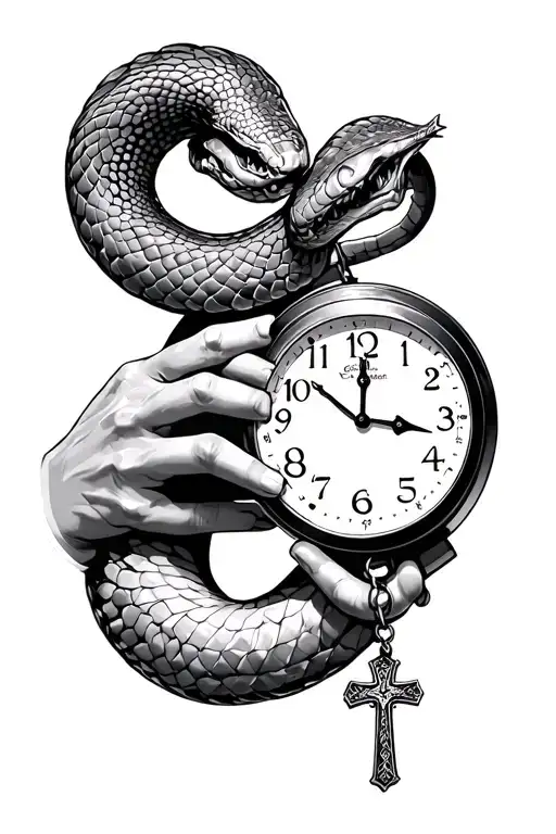 time clock with a serpant going up the arm. getting choked out by hands with a cross necklace dangling from hands  tattoo design idea