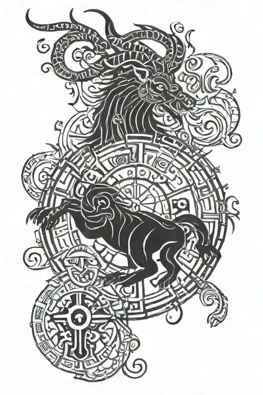 black Capricorn zodiac sign merging with the wheel of fortune  tattoo design idea