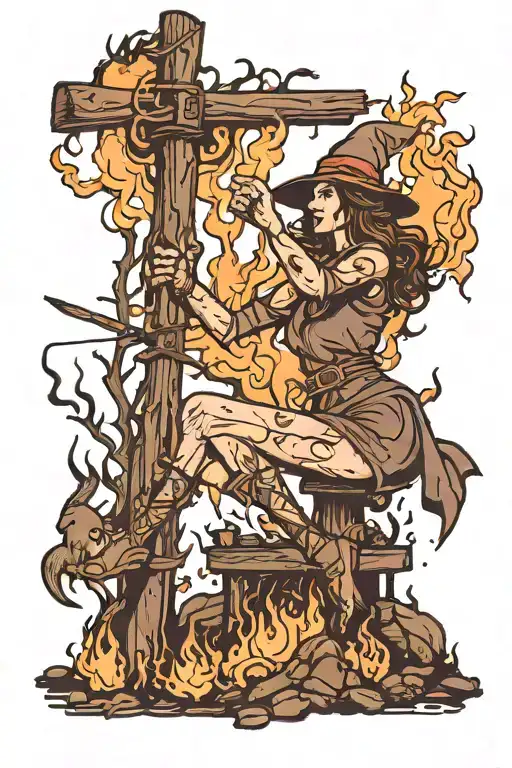 a witch is burned at the stake tied to a pole in the forest tattoo design idea