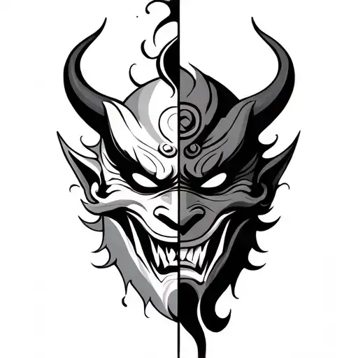 Oni mask split in half tattoo design idea