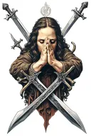 belong to the god w hands praying and swords crossing tattoo design idea