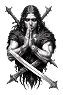 belong to the god w hands praying and swords crossing tattoo design idea