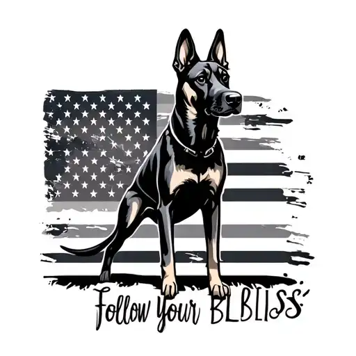 "Follow your bliss " American flag Belgium Malinois dog tattoo design idea