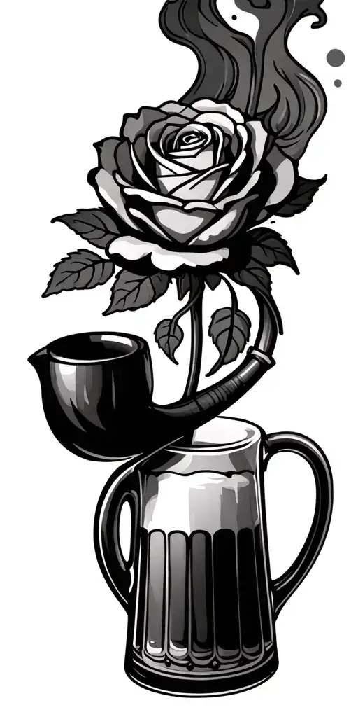 rose with smoking pipe -shaped stem with smoke and beer jug tattoo design idea