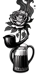 rose with smoking pipe -shaped stem with smoke and beer jug tattoo design idea