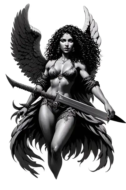 female Latina guardian angel with curly hair holding long machete tattoo design idea