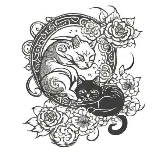 yin yang cats with moon and sun etherial wispy flowers tattoo design idea
