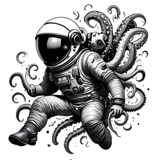 Astronaut floating in space with tentacles breaking through helmet tattoo design idea