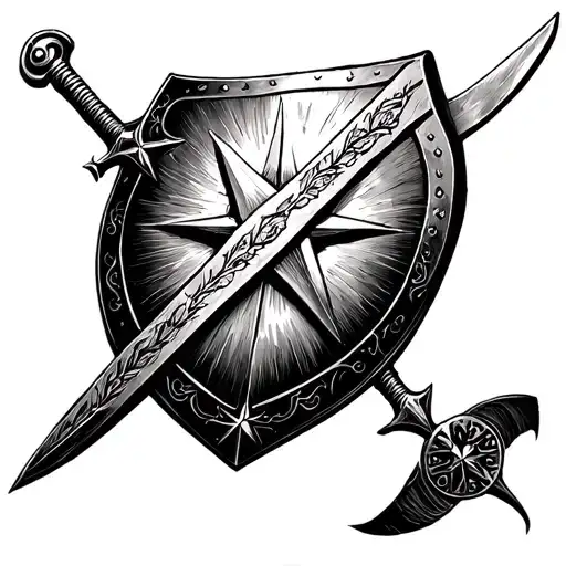 shield, sword, morning star medieval style tattoo tattoo design idea