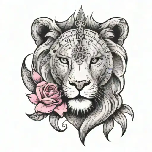 pink clock lion face woman eye tattoo design idea