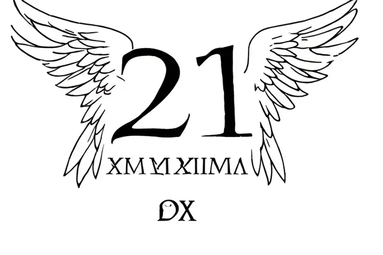Roman numerals 21 with angel wings tattoo design idea