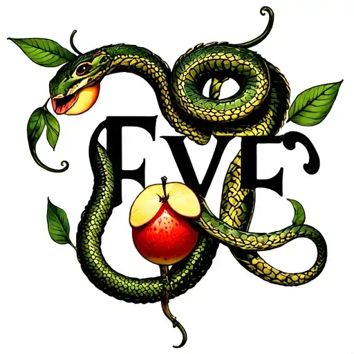 the name Eve in cursive with biblical refrences to eve with the forbidden fruit and the serpent  tattoo design idea