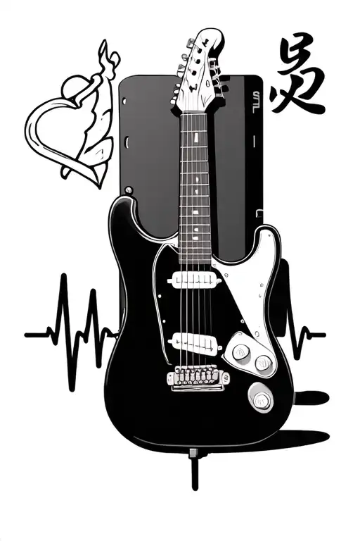 fender guitar, ps5 controller, kanji love, fishing hook, heartbeat tattoo design idea