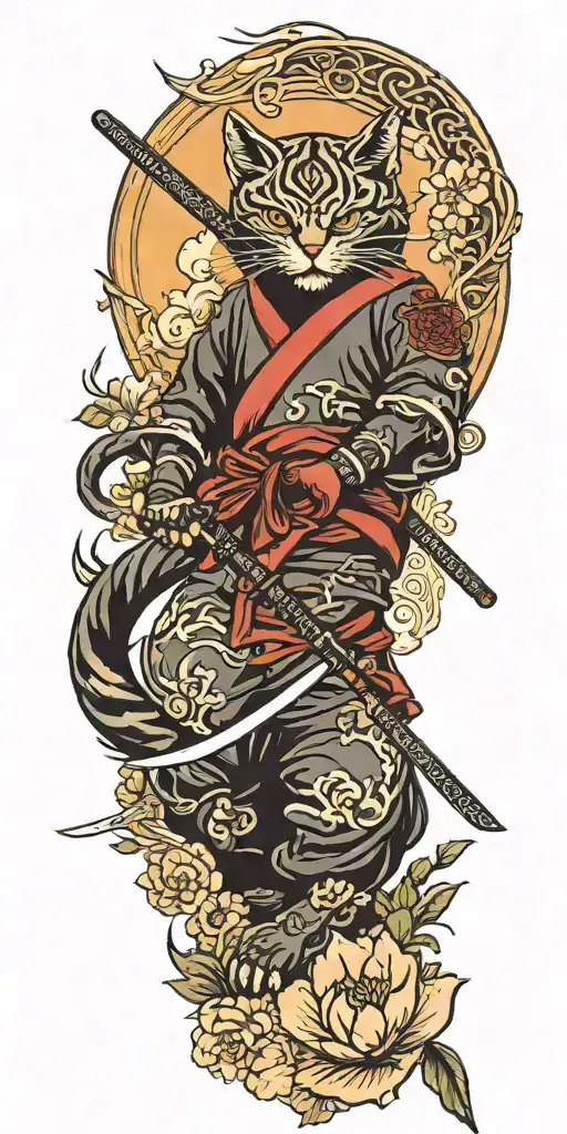 ninja cat holding katana sword, tail, water, waves, lotus, sakura, clouds, whirlpool, leaves, peony, sunset tattoo design idea