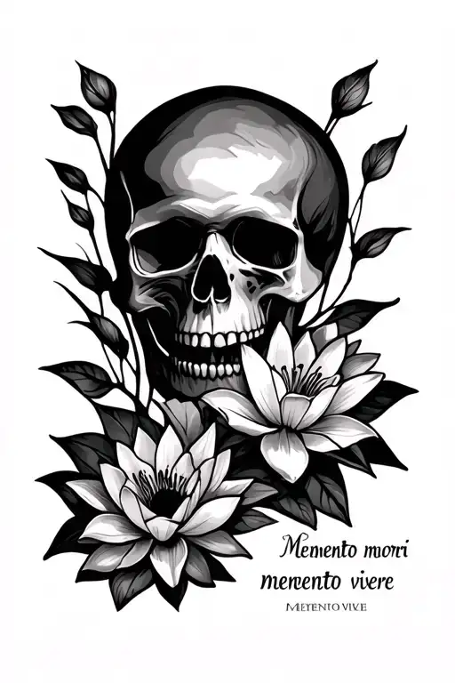 skulls with lotus flower and lily flower with the phrase "Memento mori" and "memento vivere"  tattoo design idea