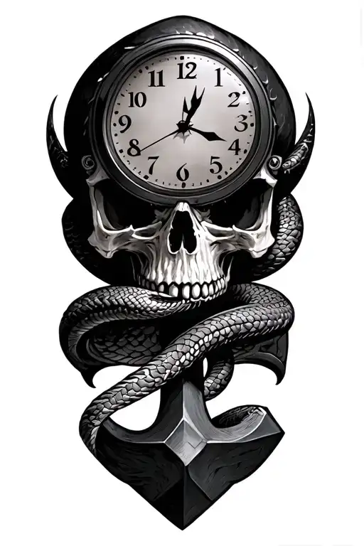Skull snake Clock Thor hammer tattoo design idea