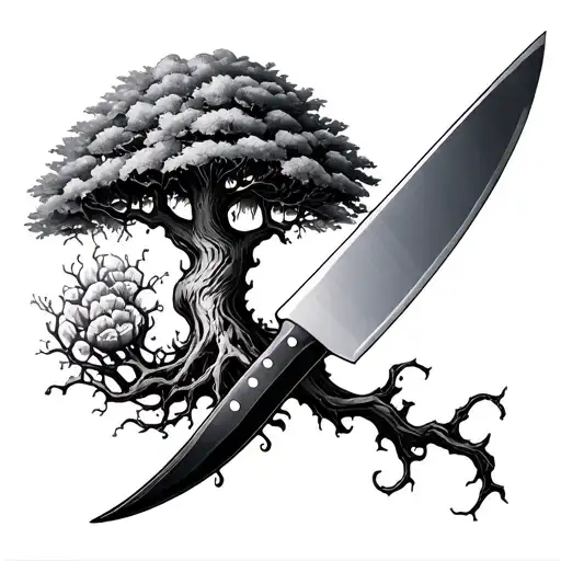 posion tree with chef knife morphing tattoo design idea