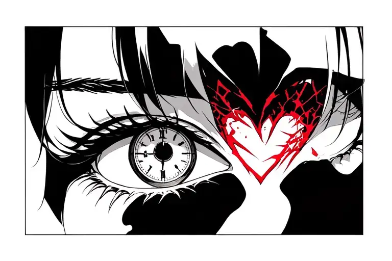 anime eyes with clock in right eye and broken heart in left eye tattoo design idea