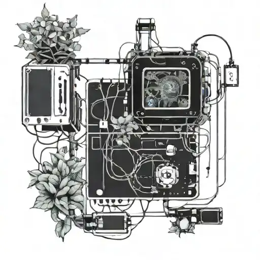 nature, technology, vines, artificial intelligence, computer, machine, circuit board, cyberpunk, flowers tattoo design idea