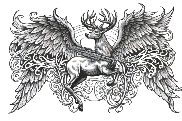 angel wings, deer antlers, bass jumping, shotgun tattoo design idea
