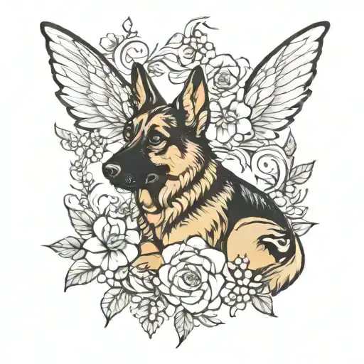 German Shepard fairy flower tattoo design idea