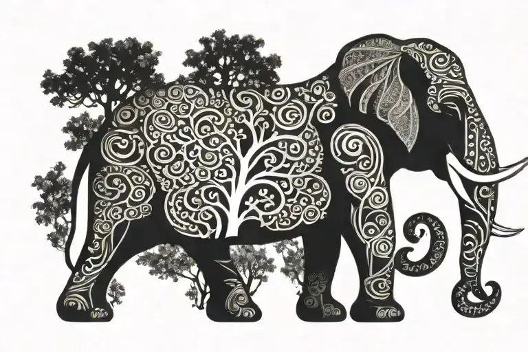 elephant with it's trunk up. Trees drawn inside the body tattoo design idea