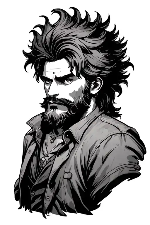 Line art illustration of a wild-haired cartoon man in a vintage style, inspired by the character Damnyell from GMM  tattoo design idea