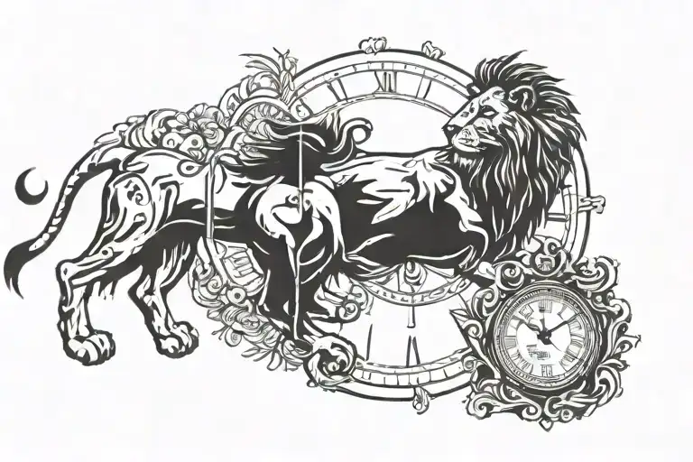 lion and  clock tattoo design idea