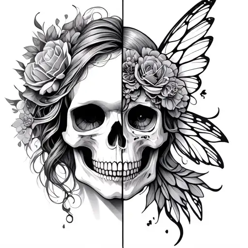 half a skull and half fairy with fine lines tattoo design idea